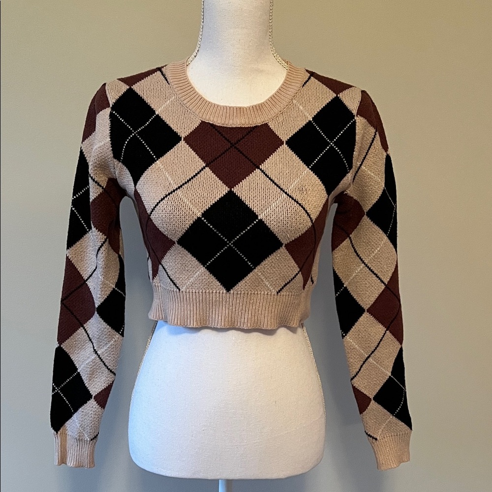 Argyle Patterned Cropped Sweater